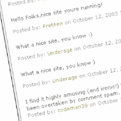 Des messages de pub posts en tant que commentaires sur un blog, et signs du pseudo vocateur des robots spammeurs, 